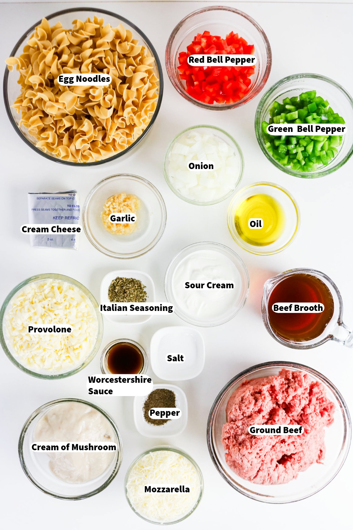 Ingredients needed to make philly cheesesteak casserole recipe.