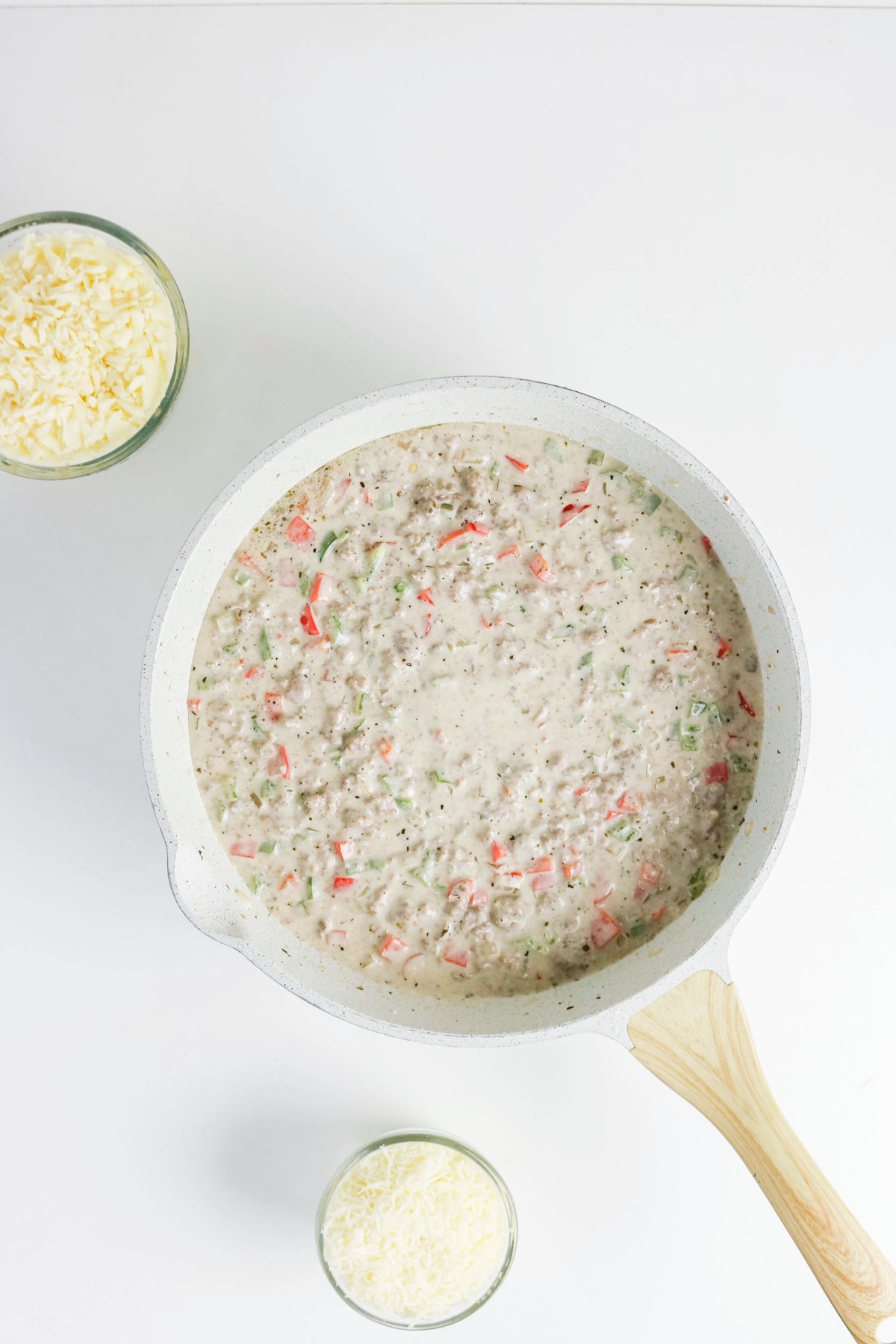 Creamy sauce in a skillet before adding noodles to casserole dish.