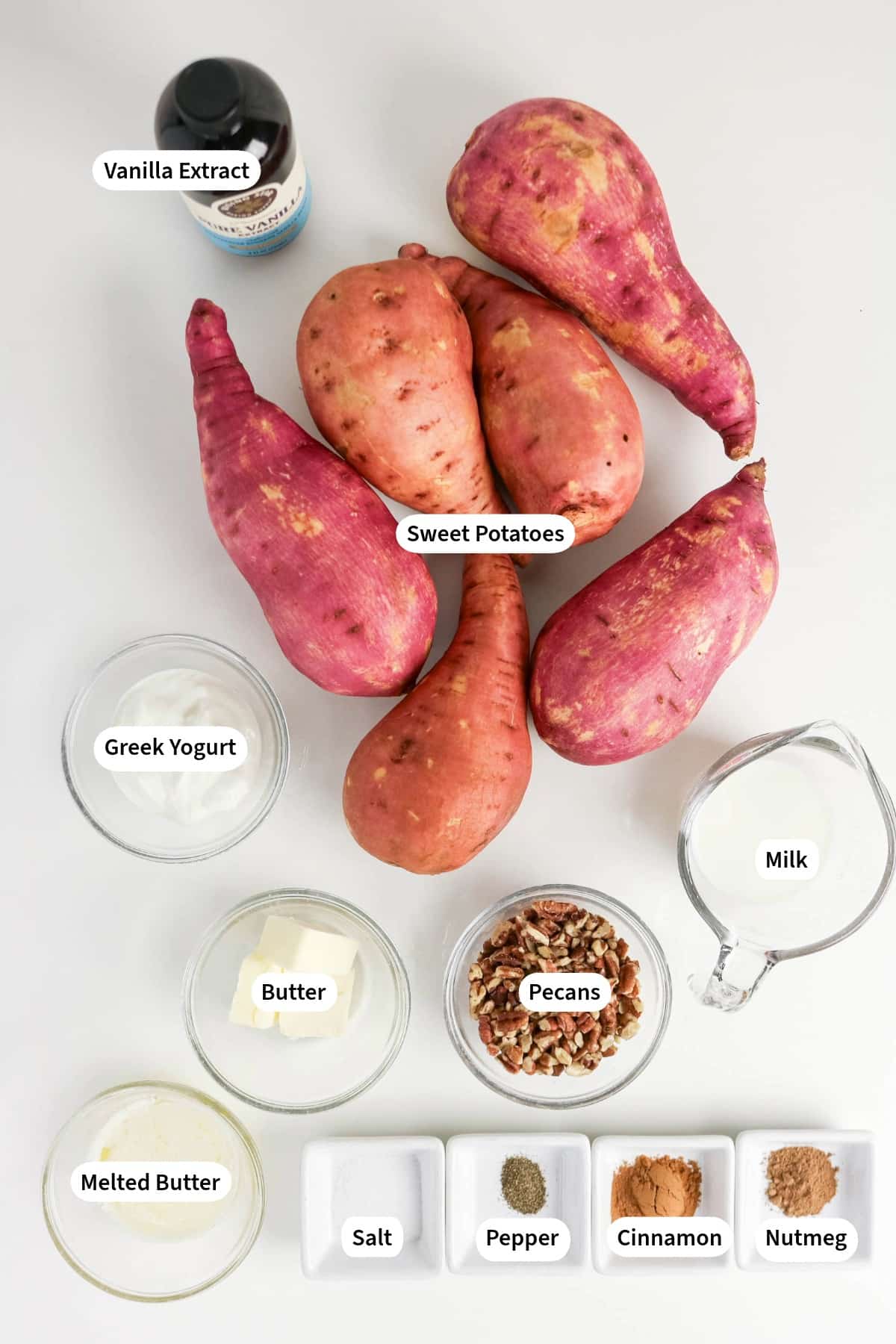 Ingredients to make twice baked sweet potatoes with pecans.