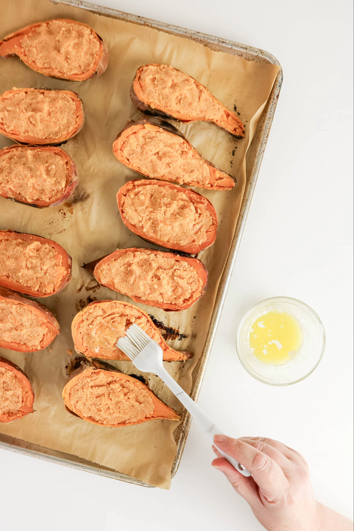 Sweet potato filling placed back in its shell before baking a second time.