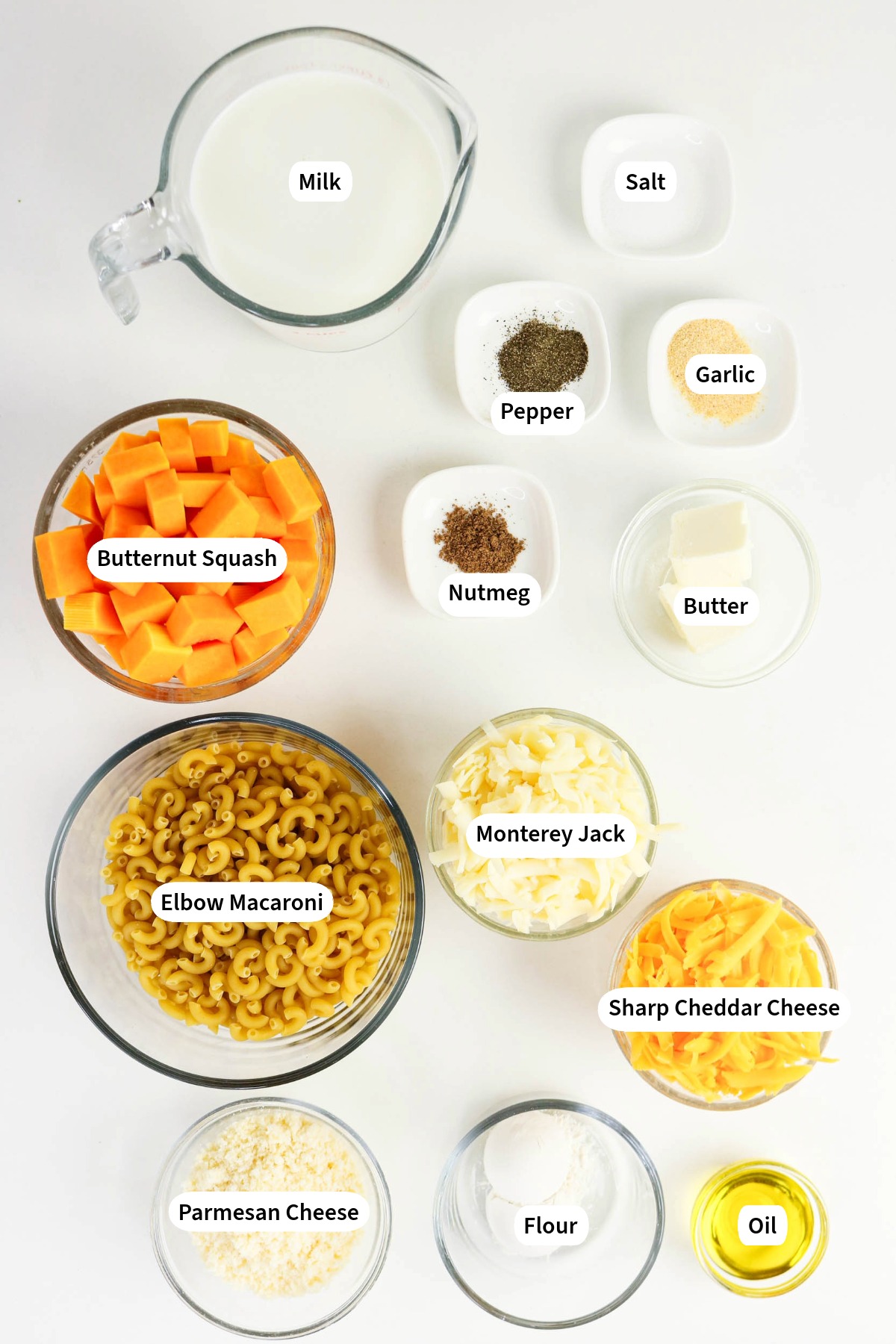 Ingredients to make butternut macaroni and cheese.