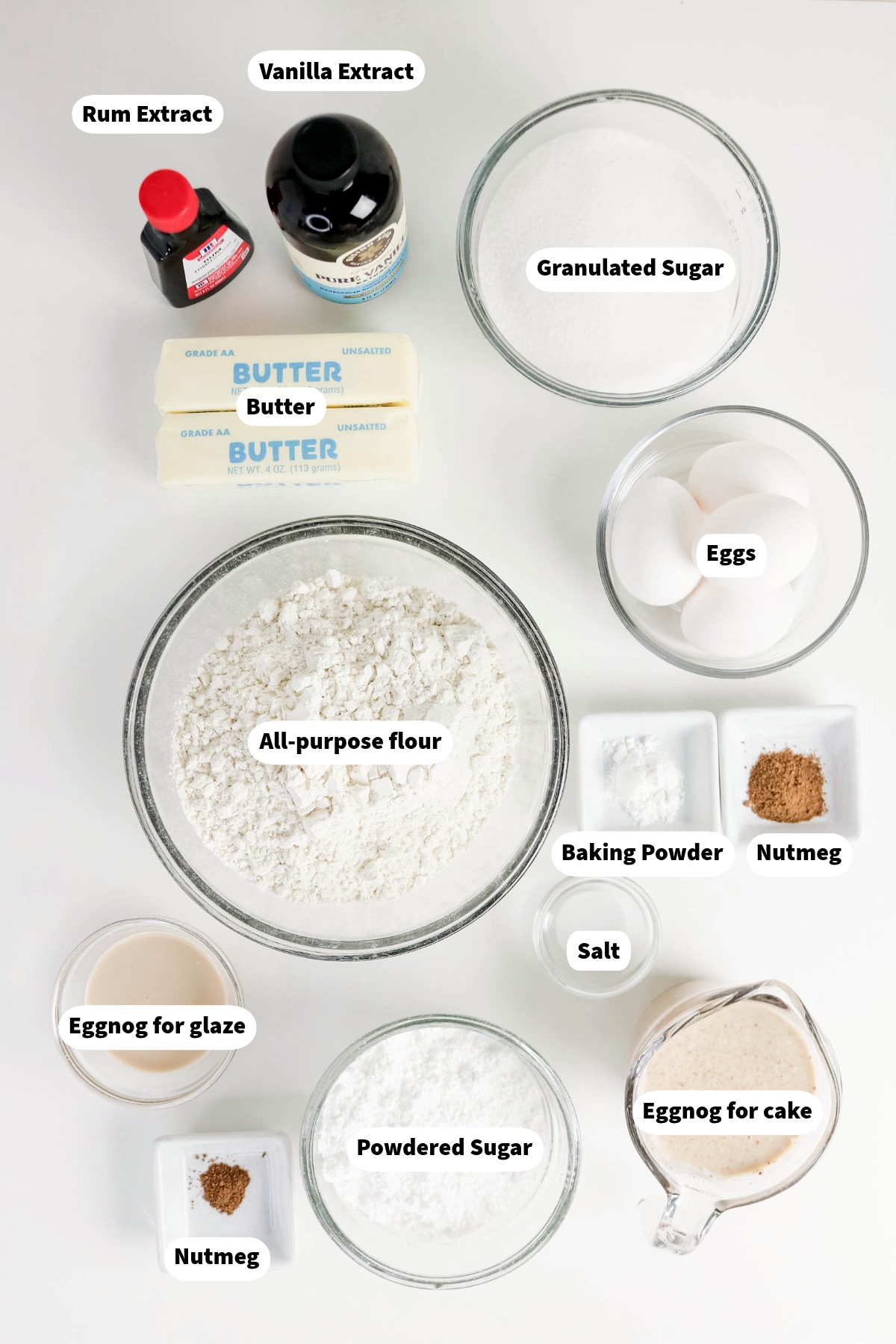 Ingredients needed to make eggnog pound cake.