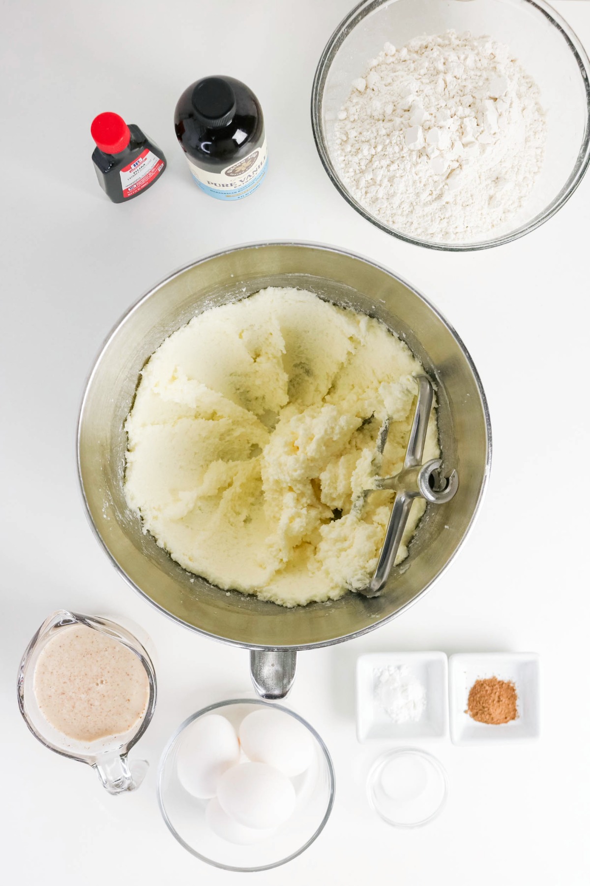 Butter beat in a stand silver mixing bowl.