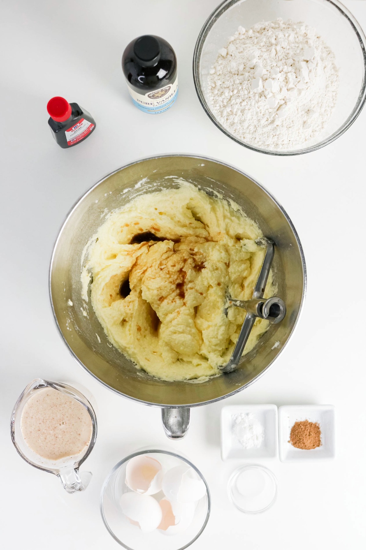 Extracts added to butter and egg batter mixture.