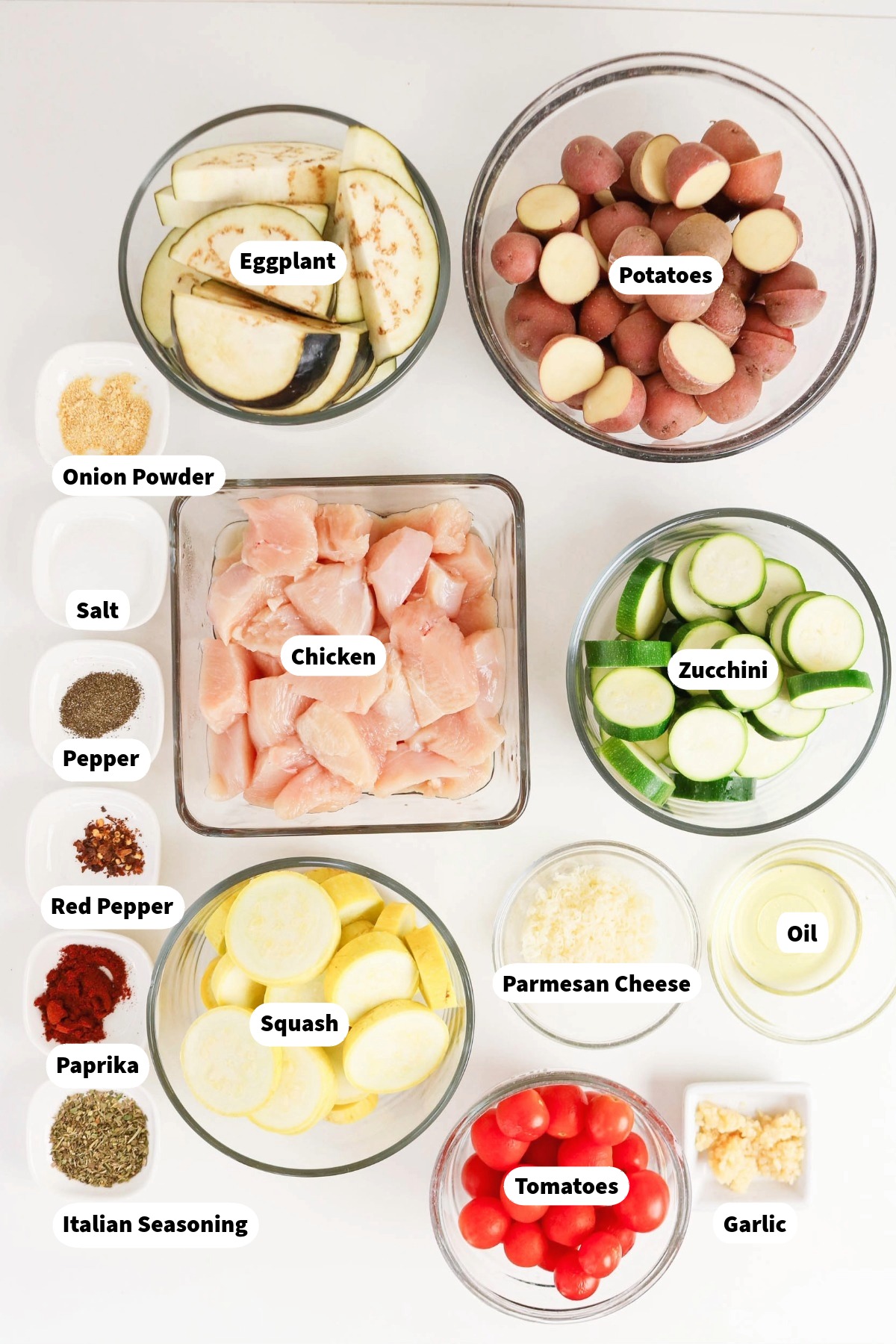 Ingredients for chicken and veggies sheet pan meal.